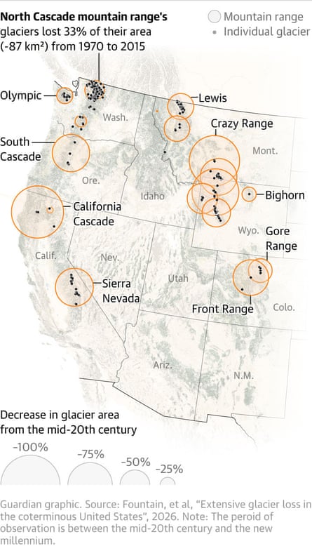 Map of glacier loss in the western US. Guardian Design.