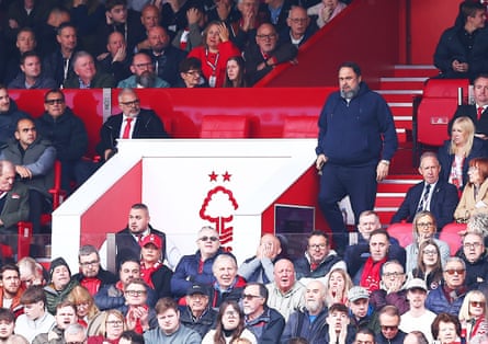 The Nottingham Forest owner, Evangelos Marinakis, leaves his seat.