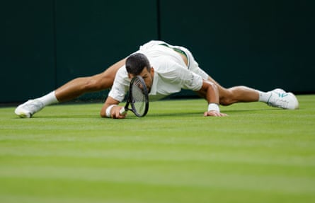 Novak Djokovic at full stretch in his first-round victory over Yibing Wu of China on Centre Court.