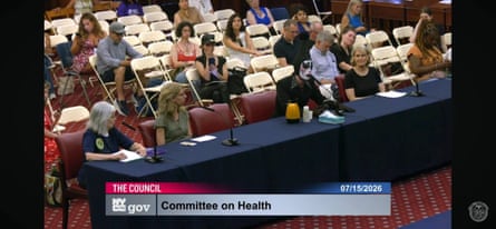 a screenshot of a recording shows a person dressed in clown costume addressing city council