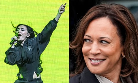 a composite image of Charli XCX performing and Kamala Harris smiling