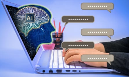 Hands typing into a chat program with an AI brain emerging from the laptop screen
