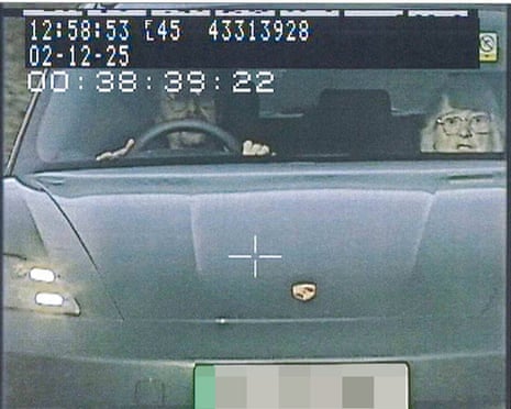 A speed camera image shows a dark car from behind with a targeting crosshair and timestamp overlay