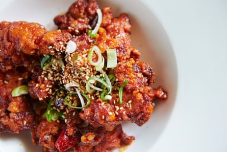 A bowl of glazed Korean fried chicken