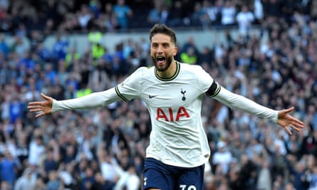 Rodrigo Bentancur celebrates his first goal for Tottenham.