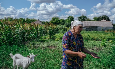 Valentyna Mykolaiivna in a field beside her home in the Sumy region with a goat behind her