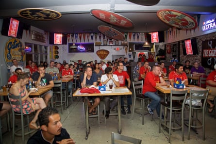 Liverpool supporters in LA watch an Anfield Wrap live podcast