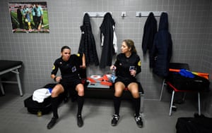 Frappart speaks with her assistant, Manuela Nicolosi, before the Ligue 2 game between Valenciennes and BÃ©ziers in April.