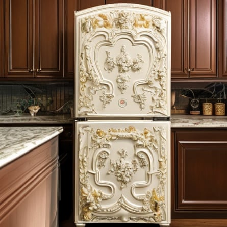 “Rococo-style fridge, detailed, in the kitchen”, generated by an AI artist