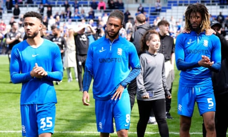 Birmingham's George Hall, Tyler Roberts and Dion Sanderson applaud fans after the club’s relegation was confirmed.