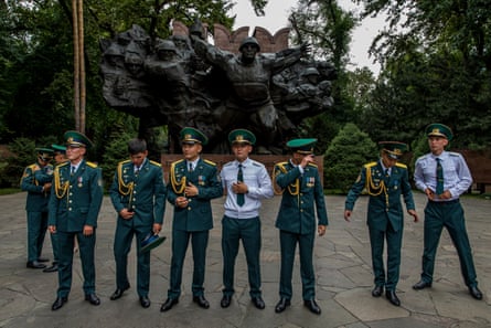 Cadets walk through Panfilov Park in Almaty, in front of the monument to the legendary 28 Panfilov men.