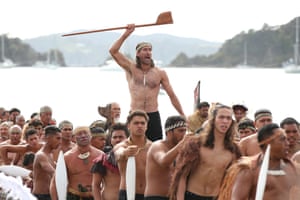 The waka arrive outside Te Tiriti o Waitangi marae.