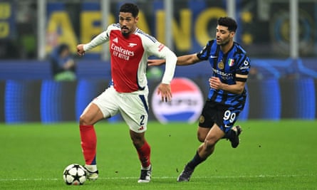 William Saliba on the ball against Internazionale on Wednesday