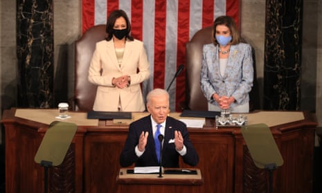 President Biden Delivers First Address To Joint Session Of Congress<br>WASHINGTON, DC - APRIL 28: U.S. President Joe Biden addresses a joint session of congress as Vice President Kamala Harris (L) and Speaker of the House U.S. Rep. Nancy Pelosi (D-CA) (R) look on in the House chamber of the U.S. Capitol April 28, 2021 in Washington, DC. On the eve of his 100th day in office, Biden spoke about his plan to revive America’s economy and health as it continues to recover from a devastating pandemic. He delivered his speech before 200 invited lawmakers and other government officials instead of the normal 1600 guests because of the ongoing COVID-19 pandemic. (Photo by Chip Somodevilla/Getty Images)