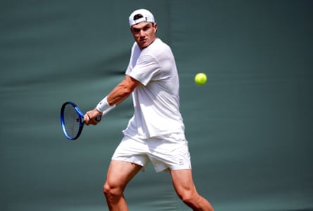 Jack Draper hits a ball during a practice session at Wimbledon