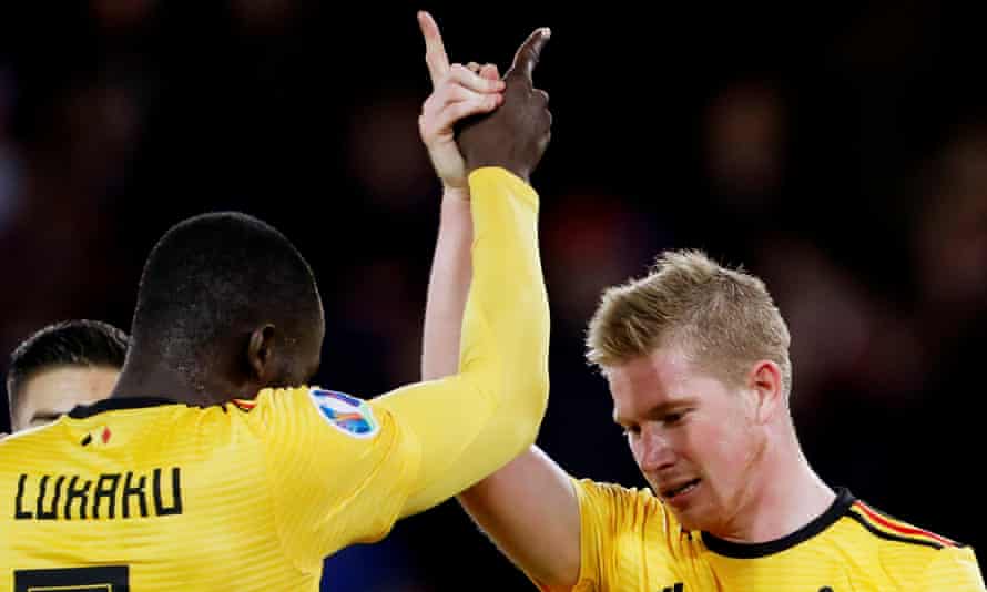 Belgium’s Romelu Lukaku and Kevin De Bruyne celebrate scoring against Scotland in 2019