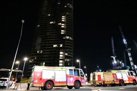 Fire trucks in front of Opal Tower during an inspection by firefighters and engineers early on Christmas Day.