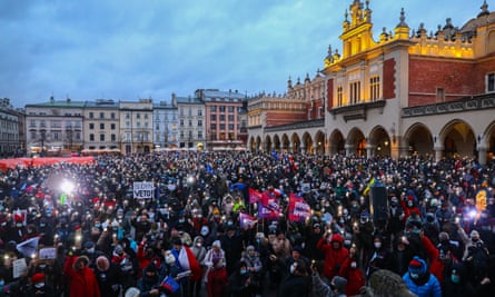 Thousands of people attended protests at the Main Square in Krakow.