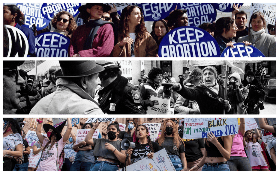 Three stacked images of abortion protests from 1993, 1981 and this year.