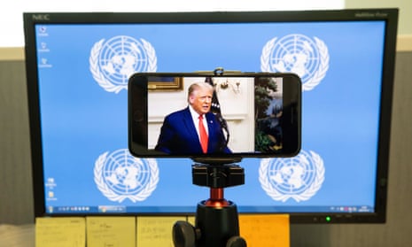 Trump addresses the UN general assembly via video link on Tuesday. He said: ‘We will defeat the virus, and we will end the pandemic.’
