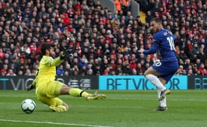 Hazard shoots, but it's saved by Alisson.
