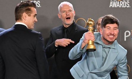 Barry Keoghan with the award for best comedy or musical film at the Golden Globes in January, with, from left, Colin Farrell and director Martin McDonagh.