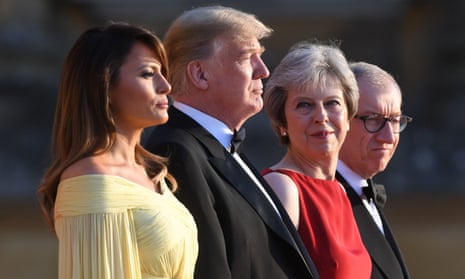 Donald Trump and his wife Melania are welcomed by Theresa May and her husband Philip at Blenheim Palace