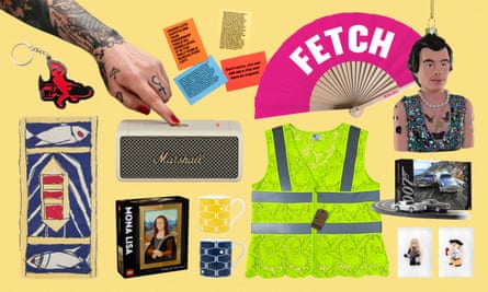 Clockwise from top left … Dr Strangelove bottle opener, Marshall Bluetooth speaker, Emily Pope postcards, Mean Girls fan, Harry Styles bauble, James Bond Scalextric, Taylor Swift soap, lacey hi-vis, Net and Ball mugs, Lego Mona Lisa and Omega fish rug.