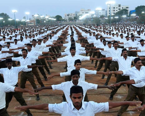 Members of India’s Hindu nationalist organisation Rashtriya Swayamsevak Sangh (RSS) at a rally near Hyderabad. Photograph: STR/AFP via Getty Images