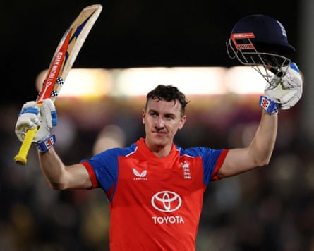 Harry Brook raises his arms in celebration after the end of the innings after the first T20 international between England and Sri Lanka