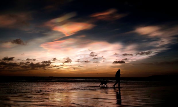Dog walker near Whitley Bay in Northumberland as rare nacreous clouds form over the coastline