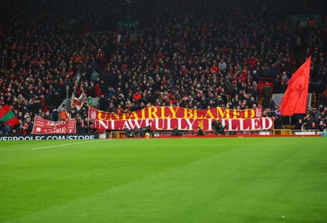 A banner in the crowd about Hillsborough disaster ahead of the Liverpool v Sunderland match.