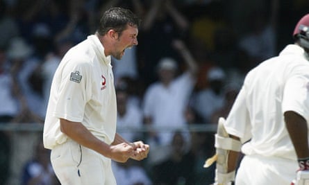England’s Steve Harmison celebrates after trapping West Indies’ Daren Ganga lbw during play on the first day of third Test in Barbados in 2004.