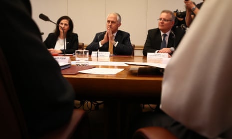 Malcolm Turnbull, social services Scott Morrison and parliamentary secretary senator Concetta Fierravanti-Wells.