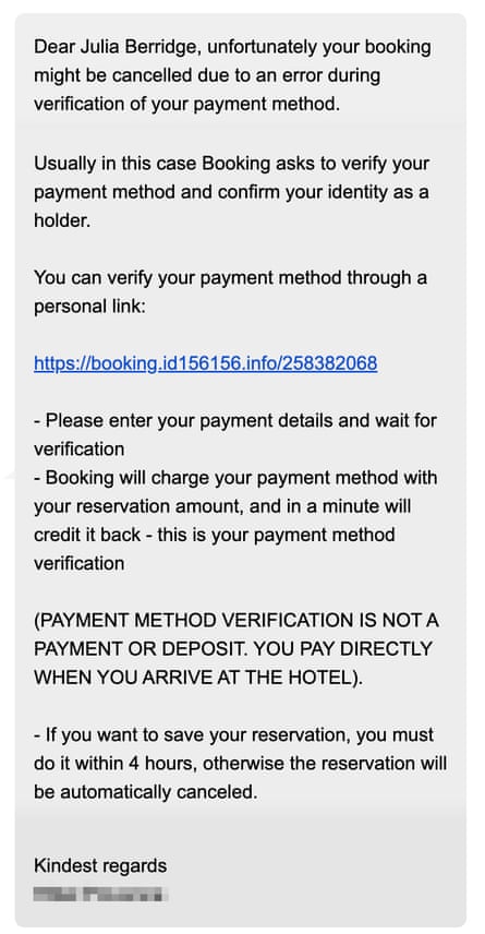 Part of the message that Julia Berridge received from Booking.com.