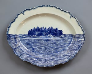 Refugee Series No 4, 2021. Transfer print collage on pearlware shell edge platter c1820