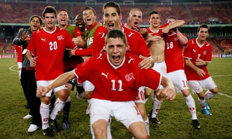 Granit Xhaka, No 11, leads the celebrations after Switzerland beat Brazil in Abuja at the under-17 World Cup in October 2009.