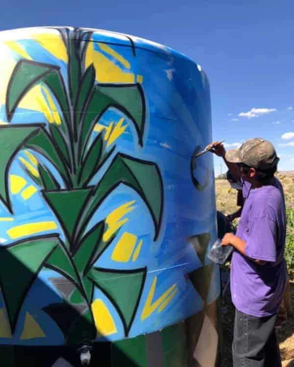 A water tank installed in the Hopi Reservation is painted in bright colors