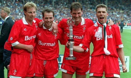 Glenn Hoddle celebrates promotion to the Premier League via the play-offs as Swindon player-manager in 1993