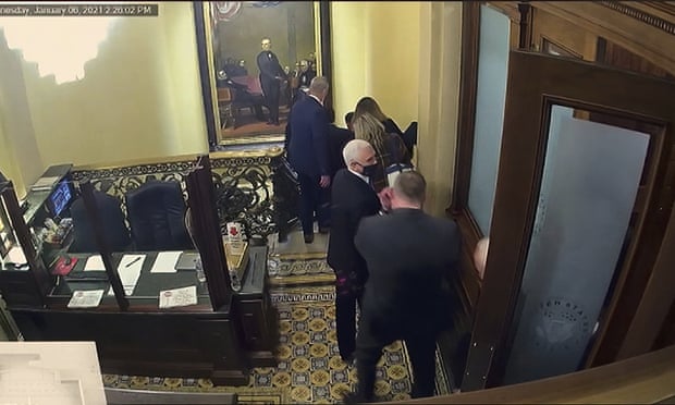 Security video used in the second Trump impeachment trial shows Mike Pence being evacuated from the Senate chamber during the Capitol attack.