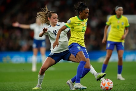 Brazil’s Kerolin moves away from the challenge of England’s Ella Toone during the 2023 Women’s Finalissima match