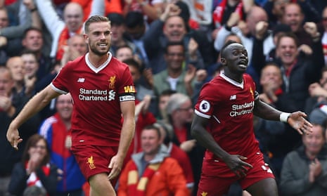 Sadio Mane of Liverpool celebrates scoring his side’s opening goal.