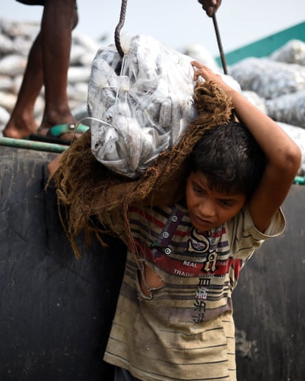 Asma Akter, 10, lifts bags of frozen fish from a delivery truck at Nazirartek fish-drying yard