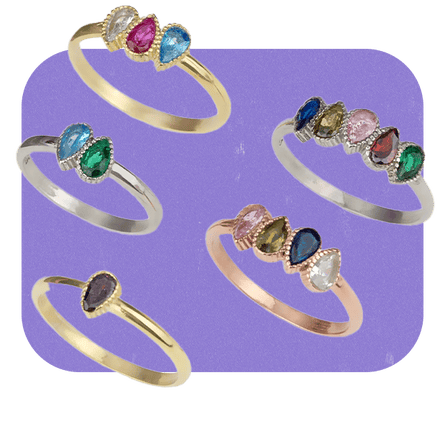 Five family birthstone rings
