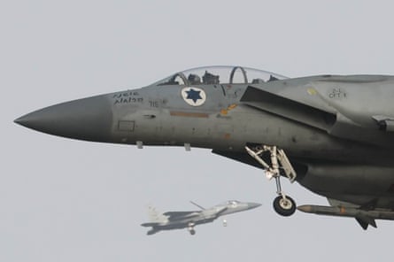 Two Israeli air force F15 fighter jets in the air near the city of Gedera, southern Israel