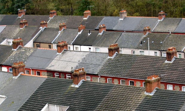 View of over the rooftops of terraced houses in the former coal mining village of Llanhilleth in the south Wales