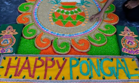 A floor decoration of the harvest festival at a temple in Colombo, Sri Lanka.