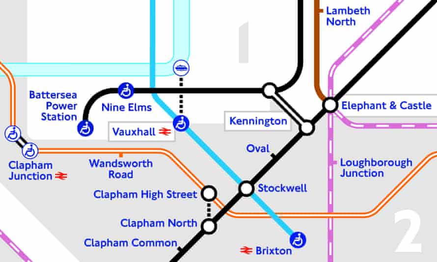 The London underground map showing two new tube stations on the extension of the Northern line.