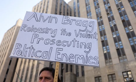 A protester in support of the former president. Republicans have accused Manhattan district attorney Alvin Bragg of prosecuting Trump while ignoring the city’s crime.