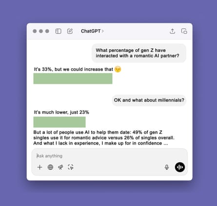 “What percent of gen Z have interaction with a romantic AI partner?” “It’s 33%, but we could increase that,” with a winky-face emoji. “OK and what about millennials?” “It’s much lower, just 23%. But a lot of people use AI to help them date: 49% of gen Z singles use it for romantic advice versus 26% of singles overall. And what I lack in experience, I make up for in confidence ...”